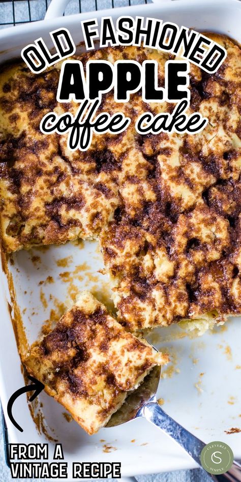 pan of coffee cake with slice being taken out Apple Coffee Cake Recipes, Cleverly Simple, Apple Coffee Cake, Delicious Breakfast Casserole, Apple Coffee, Old Fashioned Recipe, Apple Coffee Cakes, Cinnamon Crumble, Homemade Recipes Dessert