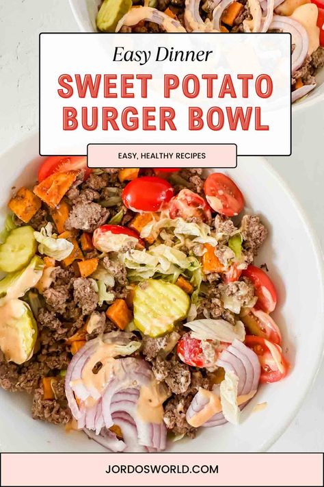 Get ready to enjoy my favorite burger order - a burger and side of sweet potato fries - but with a twist! Reinvent burger night at your house with these delicious Sweet Potato Burger Bowls. Hamburger In A Bowl Whole 30, Healthy Burger Meals, Healthy Burger Bowls With Special Sauce, Sweet Potatoe Burger Bowls, Burger Bowls With Sweet Potato, What To Eat With Sweet Potato Fries, Sweet Potato Hash Dinner, Sweet Potatoes Bowl, Loaded Burger Sweet Potato Sheet Pan