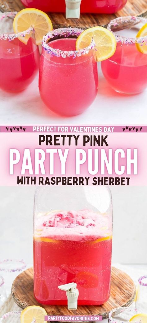 Pink Party Punch with Raspberry Sherbet Punch With Sherbet, Pink Party Drinks, Pink Party Punch, Pink Alcoholic Drinks, Pink Party Punches, Party Punch Alcohol, Pink Punch Recipes, Bridal Shower Punch, Pink Party Foods