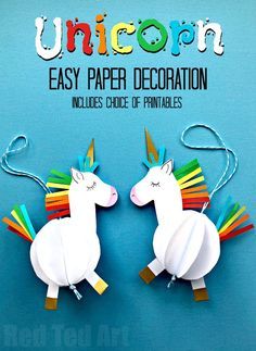 Easy 3D Paper Unicorn Decoration - Awww paper crafts for kids are so fun and so easy. All you need for these OH SO CUTE 3D Unicorn Baubles, is one sheet of A4 paper and some scraps of coloured paper (or some pens!). Alternatively make use of our handy free printables - there are 3 versions - templates, colour yourself or CUT and ASSEMBLE. Just so CUTE! Love. Diy With Kids, Paper Unicorn, 3d Unicorn, October Crafts, Kids Homemade, Paper Decoration, Paper Christmas Ornaments, Unicorn Ornaments, Unicorn Crafts