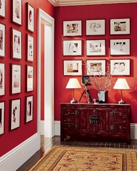 Pottery Barn Black, Red Accent Wall, Timeless Paint Colors, Hallway Gallery Wall, Red Paint Colors, Red Home Decor, Red Room, Living Room Red, Bedroom Red