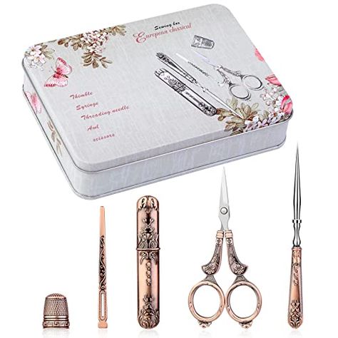 BUTUZE Embroidery Scissors Kit, European Antique Vintage Sewing Kit, Complete Vintage Sewing Tools with Embroidery Sc... Vintage Sewing Kit, Tailor Scissors, Vintage Scissors, Vintage Needlework, Sewing Scissors, Needlework Embroidery, Needle Case, Embroidery Scissors, Sewing Needle