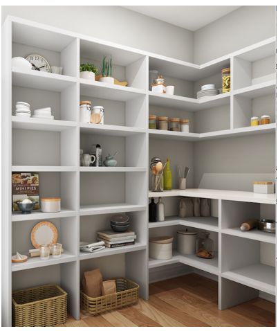 Prep Pantry  Counter - 3 outlets Wrapped corner shelves White melamine Melamine Pantry Shelving, Prep Pantry, Pantry Counter, Melamine Shelving, Painting Melamine, Corner Shelving, Home Bar Areas, Shelves White, Pantry Shelving