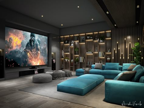 Home Theater Gaming Room, Mini Theatre Room, Cinema And Games Room, Luxury Poker Room, Interior Design Game Room, Luxury Games Room, Luxury Game Room Design, Tv Game Room Ideas, Blue Media Room