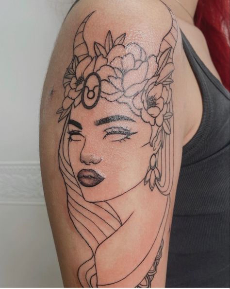 tattoo inspiration for taurus individuals Taurus Goddess Tattoo, Horoscope Tattoos, Taurus Tattoos, Goddess Tattoo, Dope Tattoos, Tattoo Drawings, Arm Tattoo, Drawing Sketches, Portrait Tattoo