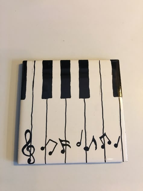 Hand painted with oil paint 3" x 3" tile - piano keys with floating notes Easy Music Paintings, Piano Acrylic Painting, Piano Tiles Drawing, Piano Keys Drawing, Piano Drawing Easy, Music Painting Canvas, Diy Canvas Art Easy, Piano Art, Music Painting