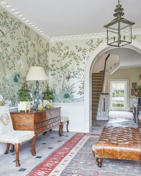 unexpected wallpaper esther cayzer colvin wilsthire entry veranda Gracie Wallpaper, Walnut Bed, Trellis Wallpaper, Yellow Curtains, Morning Room, Chinoiserie Wallpaper, Kitchen Fireplace, Countryside House, Contemporary Wallpaper