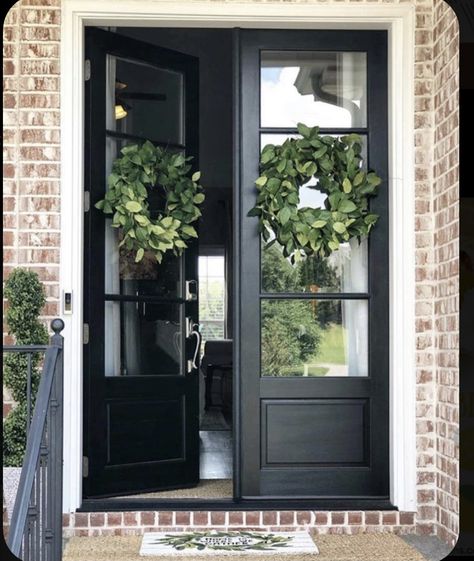 Single To Double Door Entry, Simple Wreaths, Wood Front Entry Doors, Best Front Door Colors, Double Front Entry Doors, Double Door Entryway, Front Door Inspiration, Double Door Wreaths, Best Front Doors