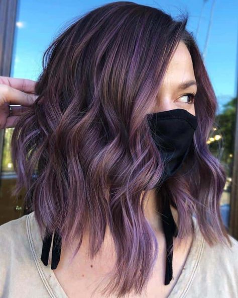 Dusty Mauve Purple Highlights Angelic Hair, Purple Highlights Brown Hair, Purple Brown Hair, Purple Hair Highlights, Lavender Hair Colors, Highlights For Dark Brown Hair, Purple Balayage, Violet Pastel, Purple Highlights