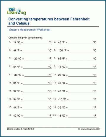 Grade 4 Temperature Worksheet: Convert between Fahrenheit and Celsius | K5 Learning Kindergarten Grammar, Good Study Habits, Early Science, Measurement Worksheets, Cursive Writing Worksheets, Comprehension Exercises, Spelling Worksheets, Grade Spelling, Kindergarten Resources