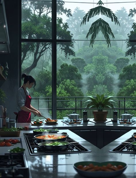 Anime Cooking Aesthetic, Anime Rain Wallpaper, Wallpaper Raining, Dreamy Aesthetic Art, Raining Wallpaper, Kitchen Illustration Art, Cook Wallpaper, Rain Scenery, Anime Rain