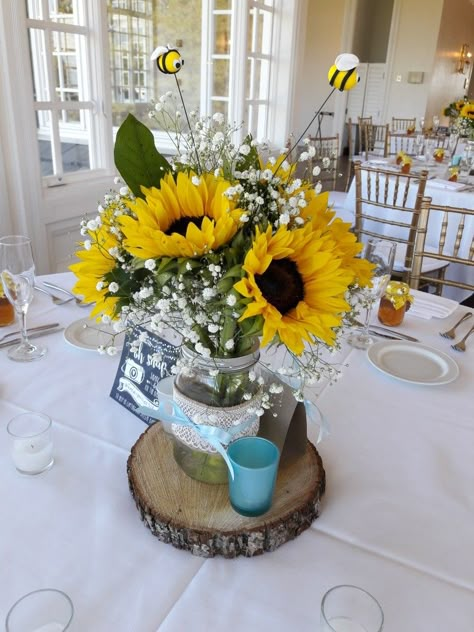 Sunflower And Bee Centerpieces, Bee Themed Flower Arrangements, Sunflower And Bee Table Decor, Bee Shower Centerpieces, Sweet As Can Bee Centerpieces, Bride To Bee Centerpieces, Bees Centerpieces, What Will It Bee Centerpieces, Bee And Sunflower Decor