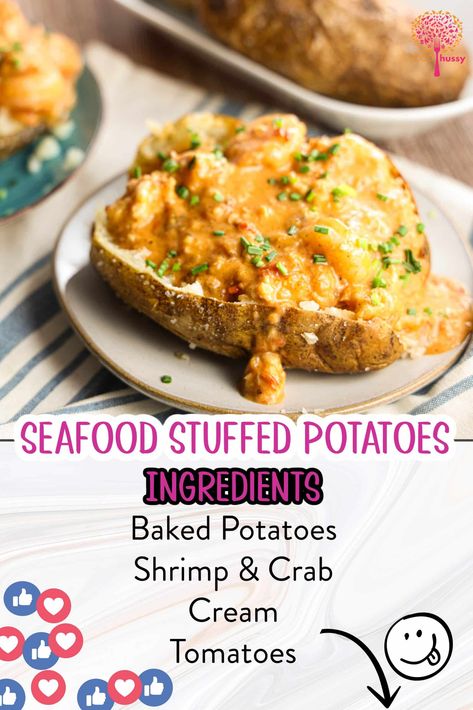 Seafood Stuffed Potatoes combines comfort with a kick, offering the ultimate indulgence for seafood lovers. Imagine tender baked potatoes overflowing with succulent shrimp and crab, all drenched in a rich, spicy cream sauce. via @foodhussy Seafood Baked Potato Recipes, Crab Stuffed Potato Skins, Stuffed Potatoes With Shrimp, Shrimp Stuffed Potatoes Recipe, Crab Stuffed Baked Potatoes, Seafood Baked Potato, Seafood Potatoes Stuffed, Shrimp Stuffed Baked Potatoes, Spicy Cream Sauce