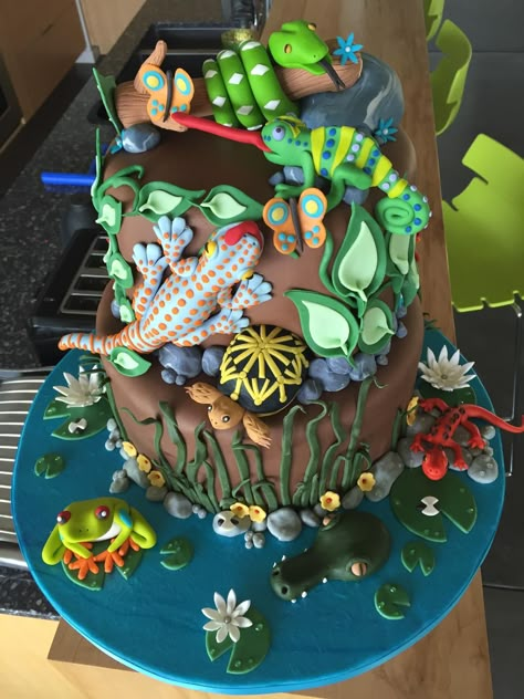 Chameleon Cake Birthdays, Reptile Party Cake, Lizard Cake Ideas, Reptile Cake Ideas, Reptile Cakes For Boys, Reptile Birthday Cake, Chameleon Party, Rainforest Cake, Chameleon Cake