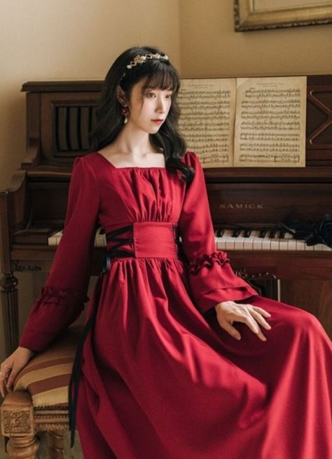 Red Prom Dress With Sleeves, Magician Clothing, Dress Aesthetic Vintage, Red Victorian Dress, Semi Casual Dresses, Bishop Sleeve Dress, Dark Red Dresses, Vintage Red Dress, Modest Dresses Casual