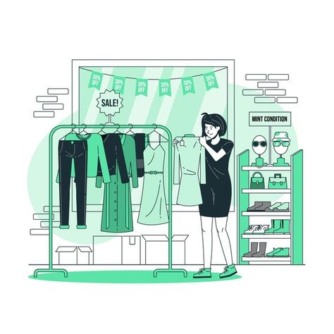 Thrift shop concept illustration | Free Vector #Freepik #freevector #shopping #clothes #sales #dress Illustration Story, Shopping Clothes, Shop Illustration, Concept Illustration, Thrift Shop, Charity Shop, Fashion Project, Thrift Shopping, Cartoon Illustration