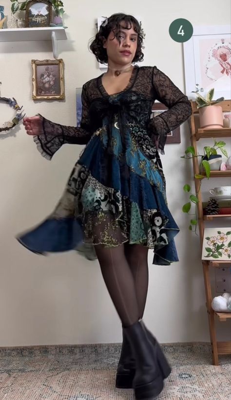 Whimsy Outfit Ideas, Whimsycore Outfits, Whimsical Twee Outfits, Blue Goth Outfits, Whimsigoth Winter Outfits, Winter Whimsigoth Outfits, 2008 Fashion Trends, Funky Style Outfits, Whimsigoth Fits