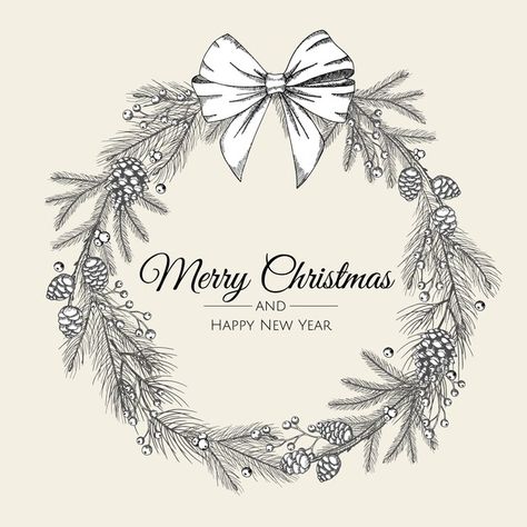 Hand drawn christmas wreath of tree with... | Premium Vector #Freepik #vector #background #frame #christmas #ribbon Wreath Art Drawing, Christmas Wreath Tattoo, Christmas Tree Embroidery Pattern, Christmas Wreath Drawing, Winter Windows, Laser Christmas, Christmas Tree Embroidery, Hand Drawn Christmas, Creative Birthday Cards