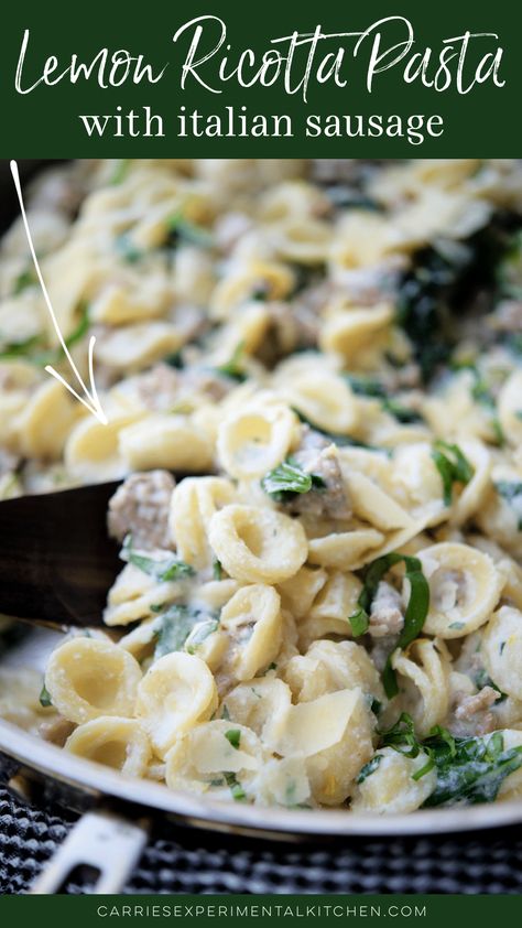 Orecchiette pasta combined with ground sweet Italian sausage and fresh spinach in a creamy lemon ricotta sauce.  #pasta #sausage #ricotta Italian Sausage And Ricotta Recipes, Pasta With Sausage And Ricotta, Sausage And Orecchiette Pasta, Pasta With Peas And Ricotta, Lemon Ricotta Pasta With Peas, Recipe Using Ricotta, Easy Lemon Ricotta Pasta & Spinach, Ricotta Sauce, Lemon Pasta Recipes