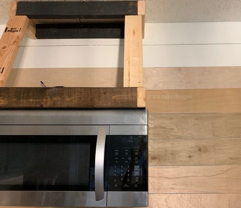 DIY FAUX VENT HOOD WITH A MOUNTED MICROWAVE - Grace Oaks Designs Vent Hood With Microwave, Hood With Microwave, Hood Vents Kitchen, Kitchen With Floating Shelves, Microwave Above Stove, Microwave Vent Hood, Wood Hood Vent, Mounted Microwave, Hood Vents