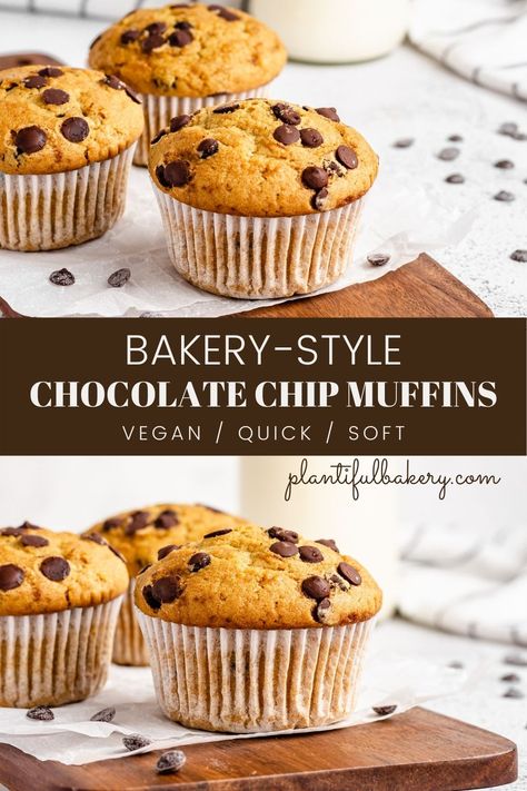 These Bakery-Style Chocolate Chip Muffins are super fluffy, moist, and packed with chocolate. Made with vegan buttermilk and plant-based yogurt. They will easily become your favorite muffins. Perfect for breakfast or snack. #veganchocolatechipmuffins #bestveganchocolatechipmuffins #bakerystylechocolatechipmuffins #veganchocolatechipmuffinsrecipe #veganchocolatechipmuffinscoconutoil Vegan Yogurt Muffins, Moist Vegan Muffins, Recipes With Vegan Yogurt, Chocolate Chip Muffins Vegan, Vegan Yogurt Recipe, Vegan Chocolate Muffins, Vegan Chocolate Chip Muffins, Vegan Buttermilk, Chocolate Chip Muffins Recipe