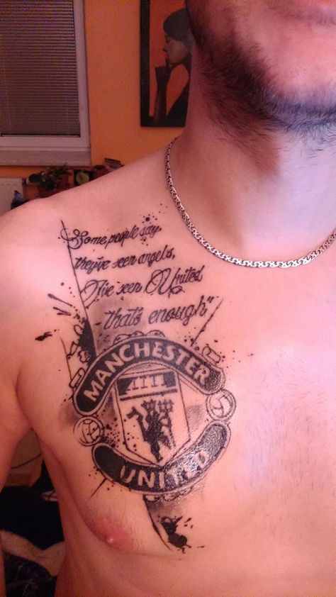 'Some people say they've seen angels. I've seen United - that's enough' - wording on Břetislav Tyl's tattoo that he posted on the official @manutd Facebook page. #mutattoos Manutd Tattoo, Man United Tattoo, Manchester United Tattoo Ideas, Manchester United Tattoo, Hooligans Tattoo, Man Utd Tattoo, Danny Tattoo, Soccer Tattoos, Tattoo Ideas For Guys