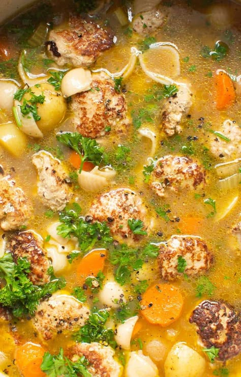 Turkey Meatball Soup Recipe with pasta and vegetables is super easy to make and is healthy. Kids love anything with meatballs, so this soup should be a crowd pleaser. Meatball Soup Healthy, Best Turkey Meatballs, Mini Turkey Meatballs, Homemade Turkey Meatballs, Easy Turkey Meatballs, Chicken Meatball Soup, Turkey Meatball Soup, Homemade Meatballs Recipe, Turkey Meatballs Healthy