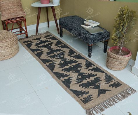 Handwoven Multicolr Jute Kilim Runner, Natural Jute Bohemian Runner/Doormat, Jute Woven Rug with Fringes by rughouseindia on Etsy Jute Woven Rug, Black White Design, Wooden Floorboards, Jute Wool Rug, Rug Natural, Kilim Runner, Jute Rug, Black And White Design, Natural Jute