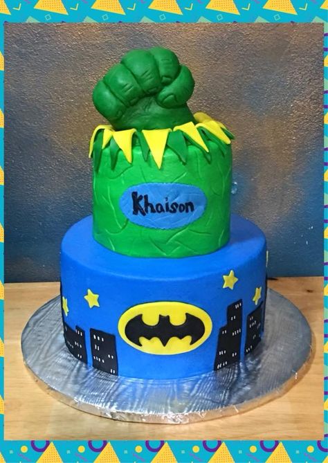 Hulk & Batman Birthday Cake Hulk And Batman Cake, Batman Birthday Cakes, Batman Cake, Batman Birthday, Cake Creations, Chrome Nails, 5th Birthday, 4th Birthday, Hulk