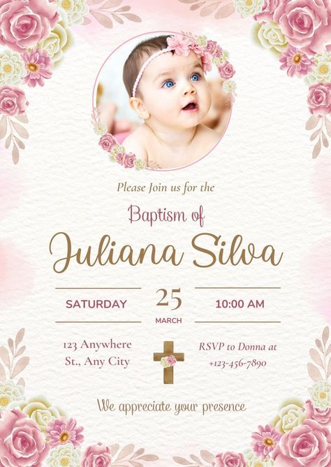 Free and customizable christening templates Baptism Invitation Card, Invitation Card Sample, Baptism Invitation For Boys, Floral Invitations Template, Invitation Card Template, Baptism Invitation, Birthday Card Template, Invitation Floral