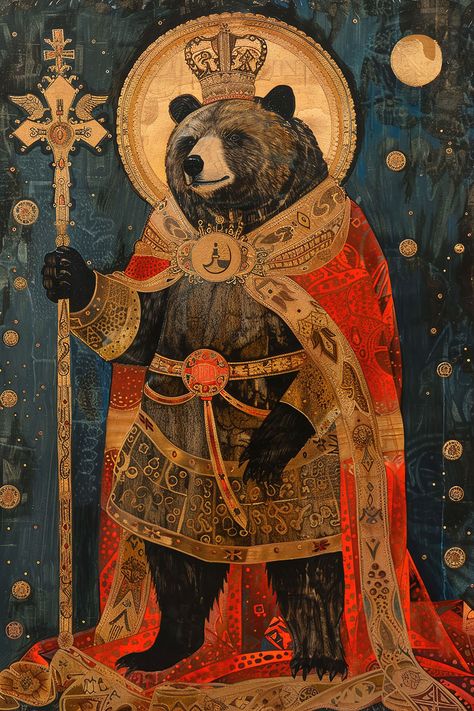 Unique piece of Orthodox Christian art tailored for a child's bedroom. This Russian icon-inspired portrayal of a medieval royal bear is infused with the sacred artistry of the East, presenting an imposing yet gentle figure that captivates and kindles young imaginations. Adorned with intricate details and a rich tapestry of symbolism, it offers a noble touch to the playful sanctuary of any child's space. Orthodox Icons Russian, Russian Artwork, Russian Bear, King Painting, Teddy Bear Images, Bear Paintings, Bear Images, Russian Icons, 2024 Design