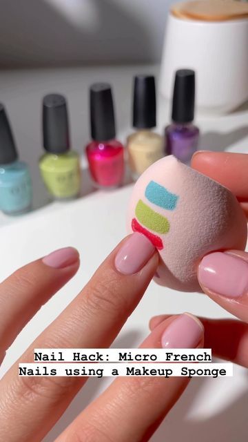 Sponge French Manicure, French Manicure With Makeup Sponge, Makeup Sponge French Tips, Easy French Tip Nails Diy Short Nails, French Tip With Makeup Sponge, Sponge French Tip, Makeup Sponge Nail Art, Spring Nails At Home, Gel Nail Designs At Home