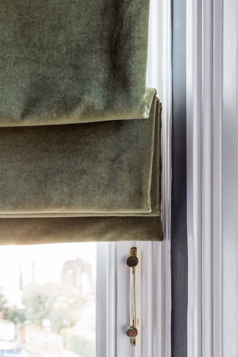 Green Velvet Roman Blinds, Roman Blinds Big Window, Green Roman Blinds Living Room, Roman Blinds In Dining Room, Roman Blinds Dining Room, Velvet Roman Blinds, Roman Blinds With Border, Roman Blinds Green, Velvet Roman Shades