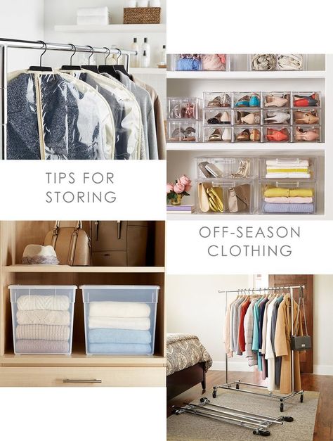 Clothes Storage Ideas, Season Change, Organized Closet, Clear Bins, Hidden Spaces, Storage Closet, Plastic Bins, Clothes Storage, Garment Racks