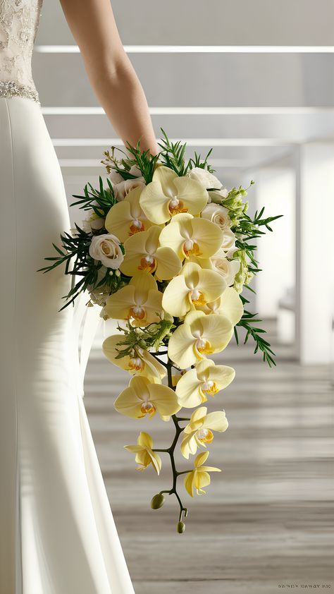 Elegant Sunny Yellow Orchids for Wedding Bouquets Orchid And Sunflower Bouquet, Yellow Orchid Bouquet, Yellow Winter Wedding, Wedding Bouquets Bright, Orchid Wedding Bouquets, Yellow Wedding Bouquets, Yellow Flower Wedding, Beige Wedding Theme, Wedding Bouquet Yellow