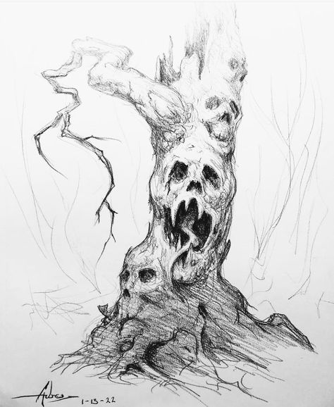 Scary Trees Drawing, Ogre Drawing, Scary Tree Drawing, 500 Drawing Prompts, Evil Tree, Calligraphy Letters Alphabet, Scary Drawings, Drawing Prompt, Cover Art Design