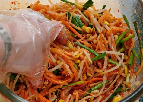 - Bean Sprout Kimchi -  tasting very good.. Korean Radish, Bean Sprout Recipes, Korean Kimchi, Bean Sprout, Seared Ahi, How To Cook Beans, Chicken Livers, Bean Sprouts, Korean Food