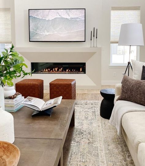 Family Room Built Ins, Horizontal Fireplace, Limestone Fireplace Surround, Dining Room Built In, Tv Over Fireplace, Fireplace Tv Wall, Linear Fireplace, Fireplace Built Ins, Bedroom Fireplace