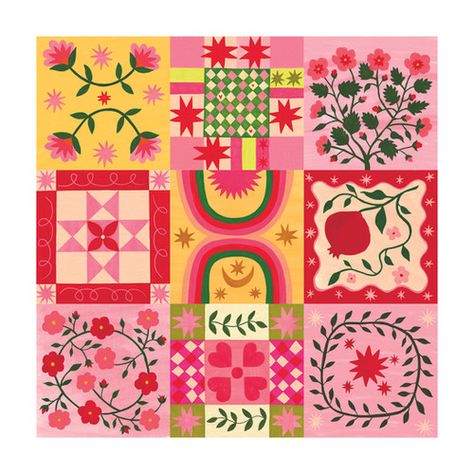 Arte Folk, Folk Art Flowers, Arte Inspo, Square Print, Patchwork Quilt, Flower Illustration, Pattern Illustration, Color Palettes, Aesthetic Art