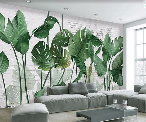 QQ20180226172243 Painted Brick Wall, Mural Tropical, Brick Wall Backdrop, 3d Wallpaper Mural, Living Room Plants, Brick Wall Background, Painted Brick, Tree Wallpaper, Wall Backdrops