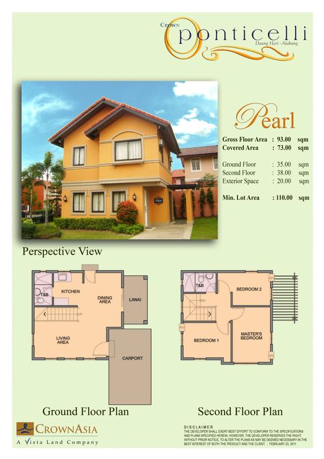 Pearl Single Detached 2 - Storey House and Lot Floor Area : 93 sqm Min Lot Area : 120 sqm 3 Bedrooms 2 Toilet and Bath Living Area Dining Area Lanai & Car Port  for inquiry, call or txt jun parada Crown Asia,property consultant 09155497717 House Plans 2 Storey, Toilet And Bath, Property Consultant, Bacoor Cavite, House And Lot, 2 Storey House, House Construction Plan, House Front Design, Ground Floor Plan