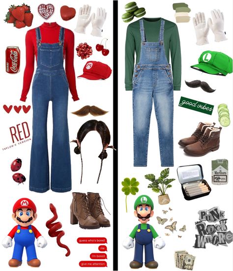 Cute Mario Costume, Super Mario Bros Costumes Women, Diy Mario Costume For Women, Dungarees Halloween Costume, Mario Toad Costume Women, Cute Mario And Luigi Costumes, Luigi Outfit Ideas, Cartoon Duo Costumes, Mario And Luigi Costumes Teen Girl