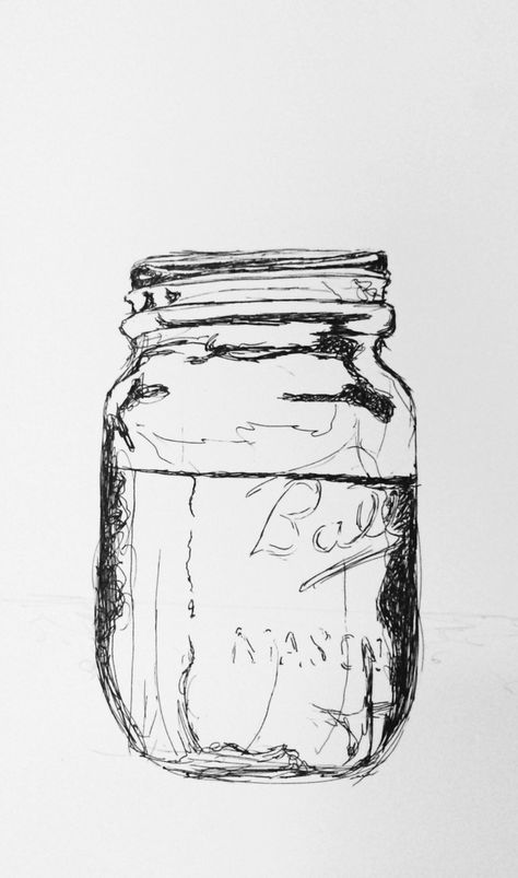 Pen and ink mason jar sketch Sidney Tomko Mason Jar Illustration, Water Spill Drawing, Mason Jar Sketch, Jar Reference, Mason Jar Aesthetic, Jar Sketch, Mason Jar Drawing, Dark Apothecary, Mason Jar Tattoo