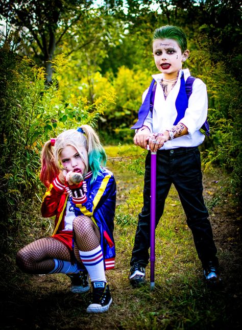 Cat Woman And Harley Quinn, Joker Toddler Costume, Kids Joker Costume, Diy Joker Costume, Brother Sister Halloween Costumes, Heidi Klum Halloween Costume, Sister Halloween Costumes, Harley Quinn Halloween Costume, Queen Of Halloween