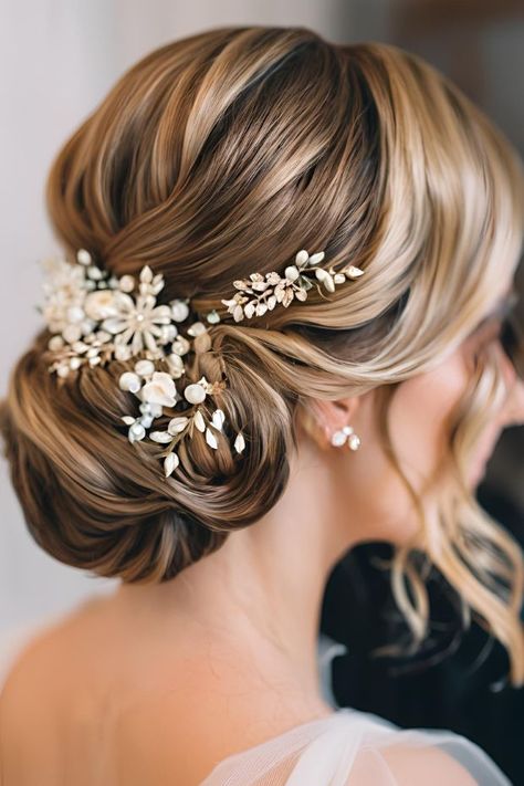 A classy low bun wedding hairstyle with a twisted low bun and a bump on top plus some bangs down Classy Low Bun, Low Bun Wedding Hairstyles, Twisted Low Bun, Bun Wedding Hairstyles, Bun Wedding, Low Bun, Wedding Hairstyle, Bump, Wedding Hairstyles