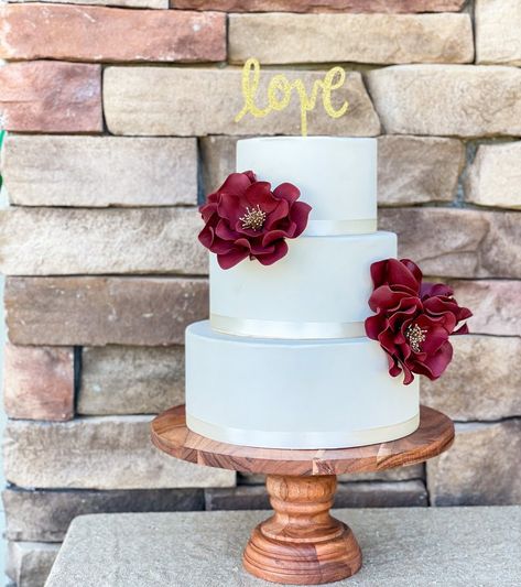 Burgundy and Gold Open Rose Sugar Flower | Etsy Sugar Flower Wedding Cake, Burgundy Wedding Cake, 4 Tier Wedding Cake, Maroon Wedding, Open Rose, Fall Wedding Cakes, Bridal Shower Cake, Wedding Cake Decorations, Elegant Wedding Cakes