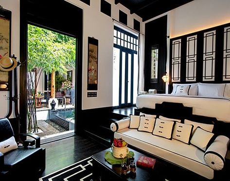 Chinese Style Interior Design, The Siam Hotel, Bill Bensley, Chinese Style Interior, Dark Wooden Table, Chinese Style Design, London Residence, Wooden Beams Ceiling, Modernist Architects