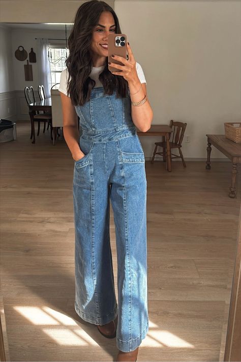 Wide-Leg Denim Overalls curated on LTK Flowy Overalls Outfit, Jean Jumper Outfit Denim, Overall Outfit Fall, Jumper Outfit Denim, Jean Jumper Outfit, Denim Jumper Outfit, Jean Jumpsuit Outfit, Overalls Outfit Winter, Denim Overalls Outfit