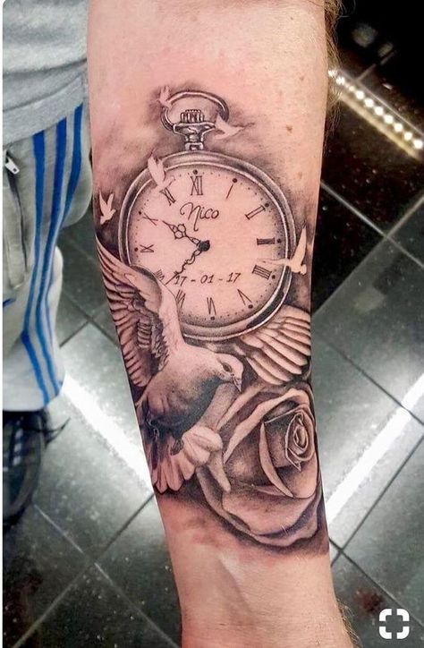 61+ Best Tattoo Ideas and Designs For Men For 2021 Clock And Rose Tattoo, Rip Tattoos For Mom, Watch Tattoo Design, Memorial Tattoo Designs, Pocket Watch Tattoos, Rip Tattoo, Tattoos Pinterest, Tatuagem Masculina Pequena, Remembrance Tattoos