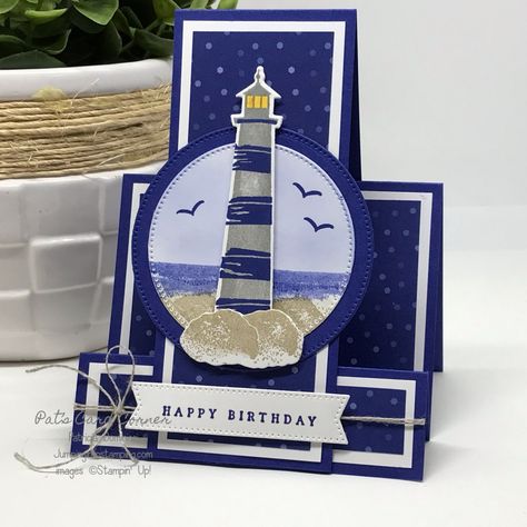 Greeting Cards For Men Handmade, Lighthouse Christmas Cards, Stampin Up Lighthouse Point Cards, Lighthouse Point Stampin Up Cards, Stampin Up Lighthouse Point, Stampin Up Lighthouse, Faux Step Card, Lighthouse Cards, Seaside Bay